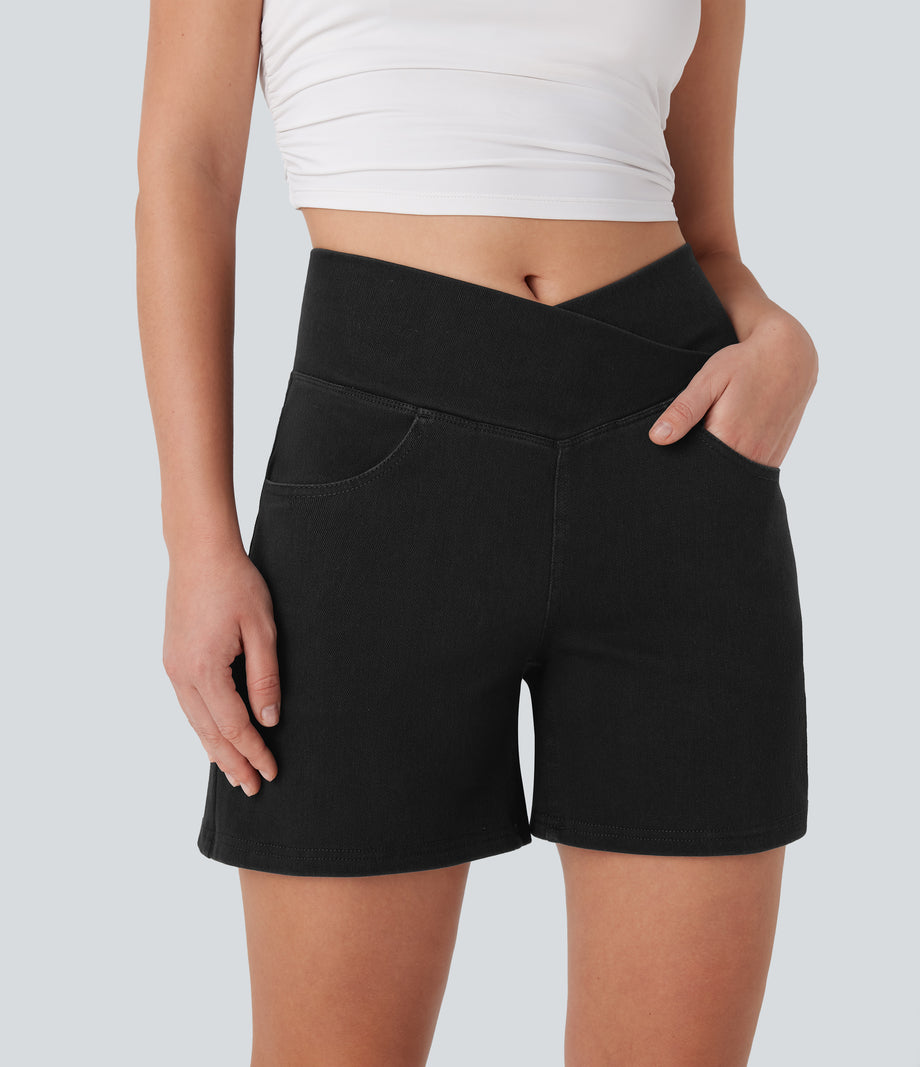 Halara Flex™ Crossover High Waisted Pockets Wide Leg A Line Washed Denim Casual Shorts - Meteorite Black Denim