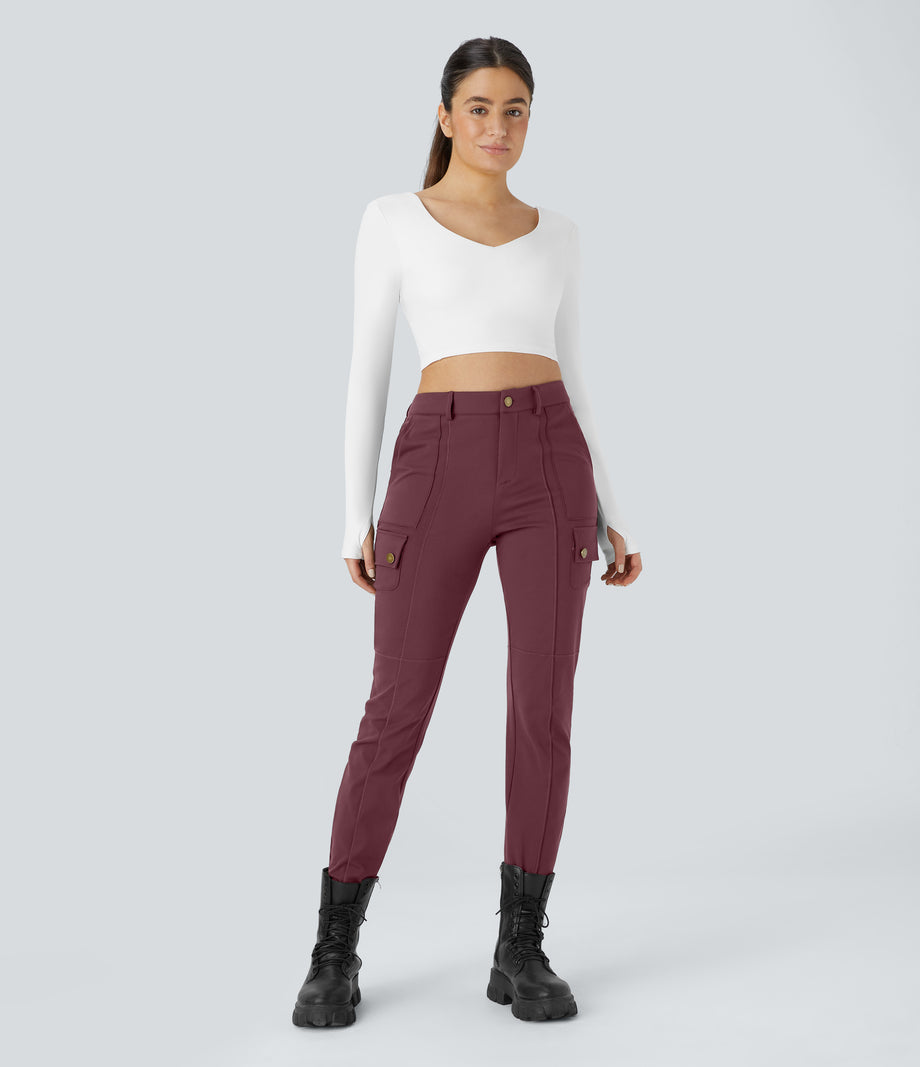 DayStretch High Waisted Zipper Pockets Solid Skinny Cargo Pants - Red Mahogany
