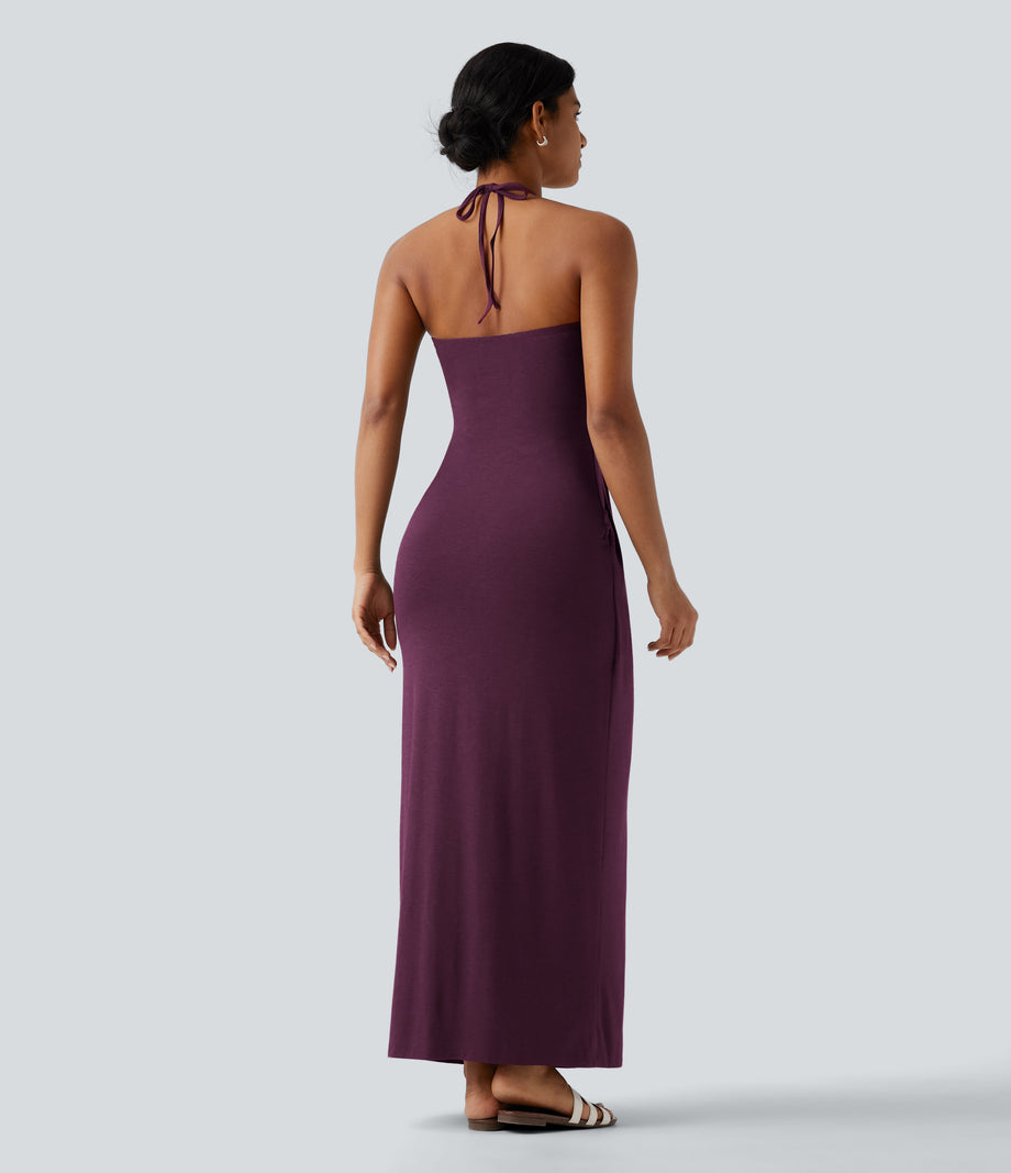 Halter Tie Back Maxi Dress with Pockets - Fig