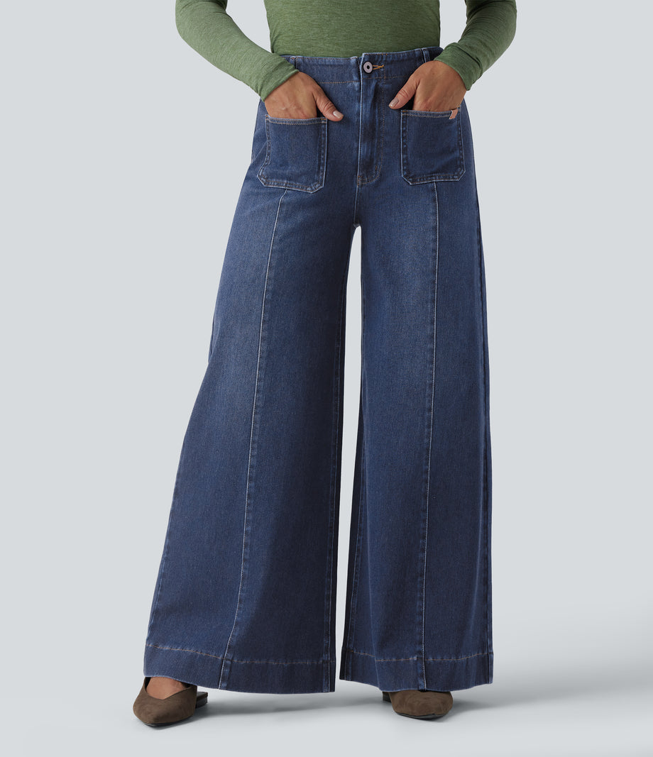 Halara Flex™ High Waisted Pockets Washed Casual Wide Leg Jeans - Estate Blue Denim
