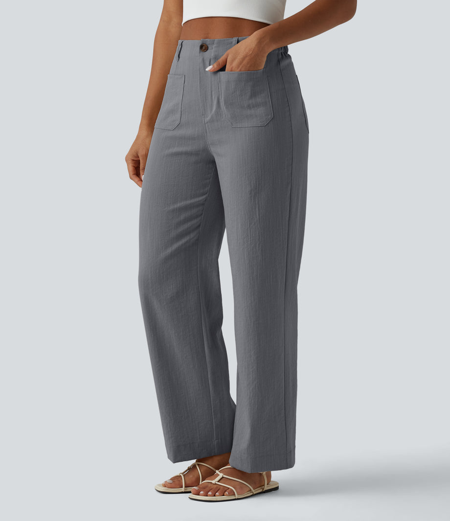 High Waisted Straight Leg Casual Linen-Feel Pants with Pockets - Obsidian Weave