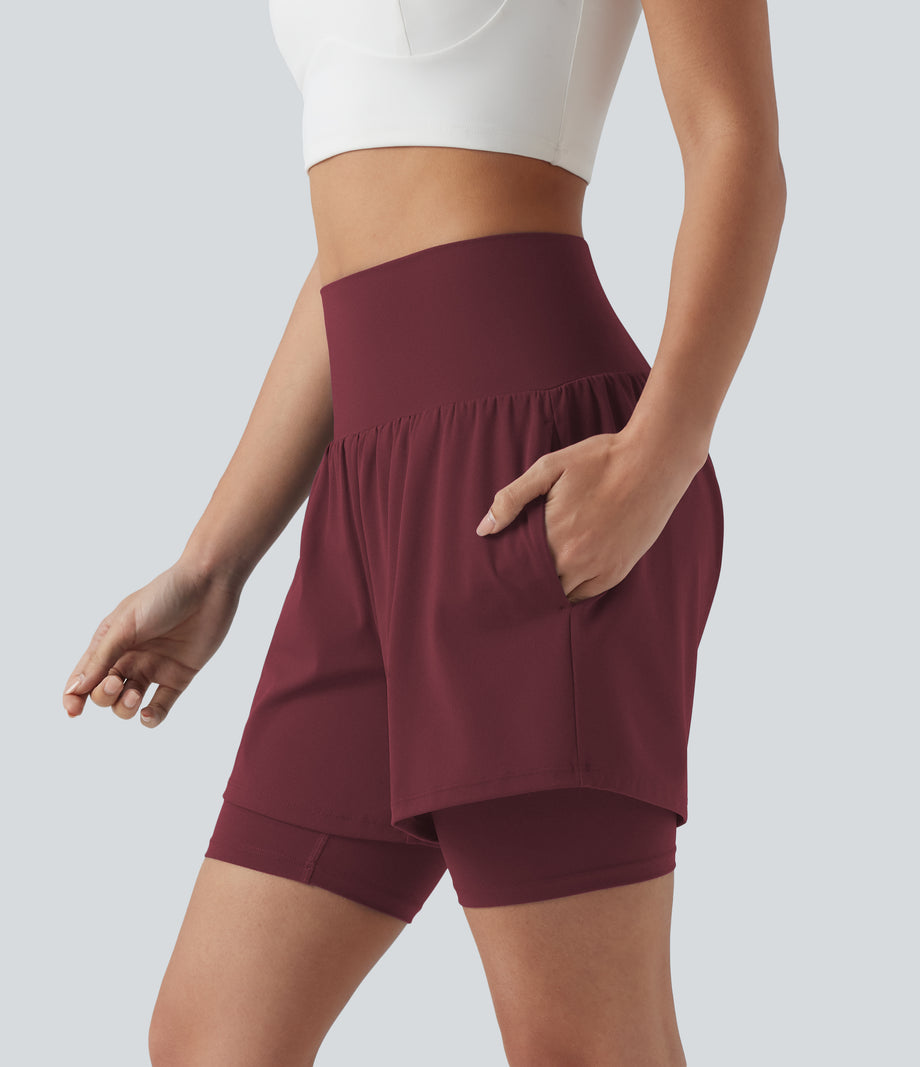 SoftlyZero™ Airy Super High Waisted 2-in-1 Cool Touch Yoga Shorts 7'' with Pockets - Zinfandel