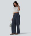 High Waisted Drawstring Wide Leg Casual Linen-Blend Pants with Pockets - Always in a Mood - Dark Blue