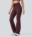High Waisted Drawstring Stripe Flare Yoga Pants with Pockets - Burgundy Wine