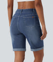 Halara Flex™ High Waisted Pockets Rolled Hem Washed Denim Casual Bermuda Shorts - Paint Blue Denim
