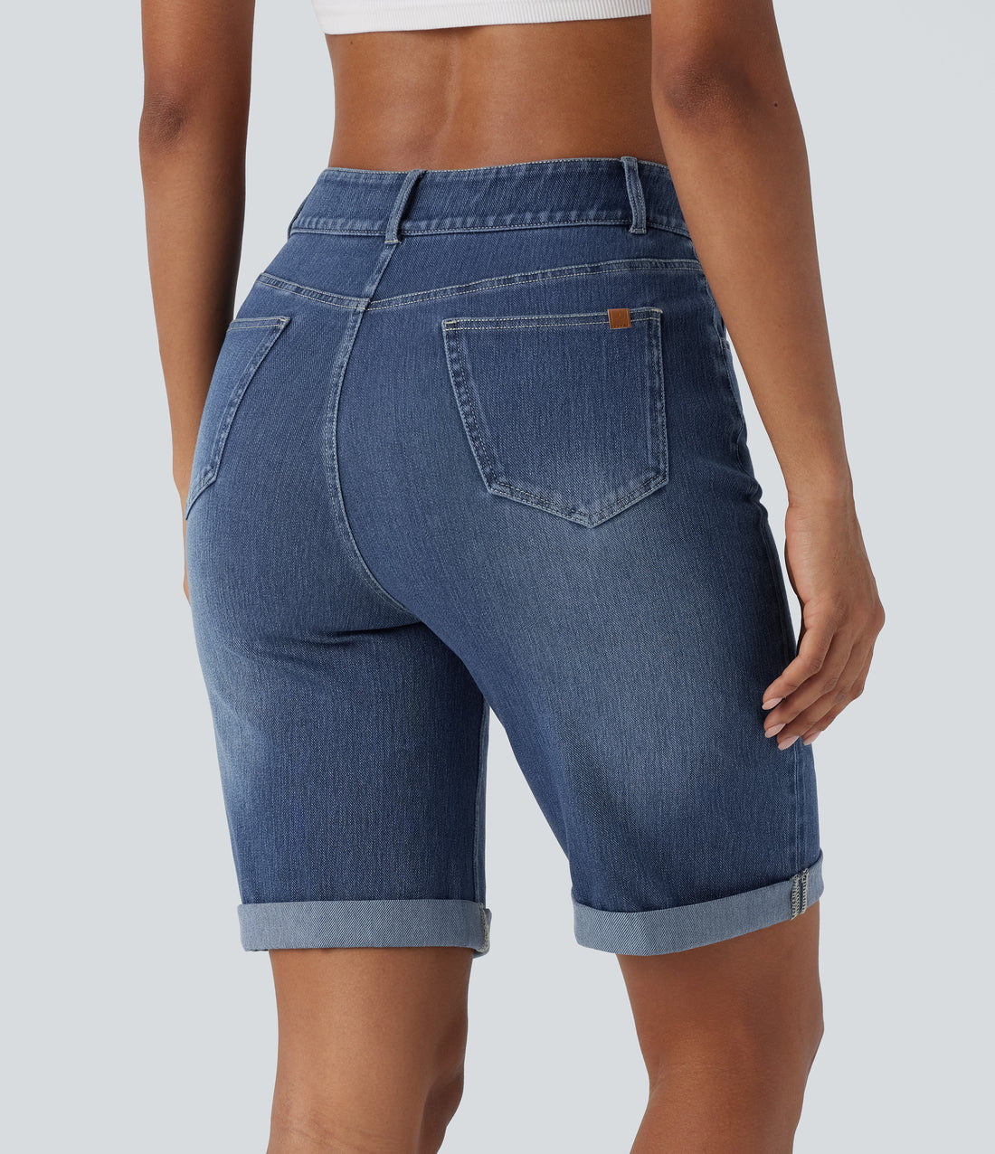 Halara Flex™ High Waisted Pockets Rolled Hem Washed Denim Casual Bermuda Shorts - Paint Blue Denim