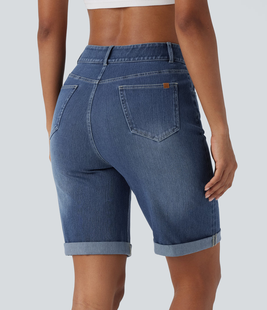 Halara Flex™ High Waisted Pockets Rolled Hem Washed Denim Casual Bermuda Shorts - Paint Blue Denim