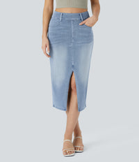 Halara Flex™ High Waisted Pockets Bodycon Washed Denim Casual Midi Skirt - Gray Blue Denim