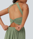 Twisted Backless Split Flowy Maxi Resort Dress with Pockets - Light Green Floral Yarn