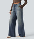 Mid Rise Denim Print French Terry Casual Sweatpants Jeans with Pockets - Dutch Blue Denim