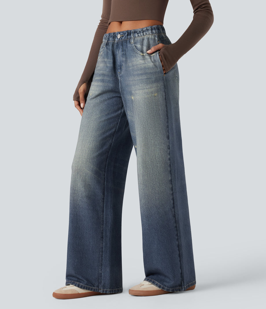 Mid Rise Denim Print French Terry Casual Sweatpants Jeans with Pockets - Dutch Blue Denim