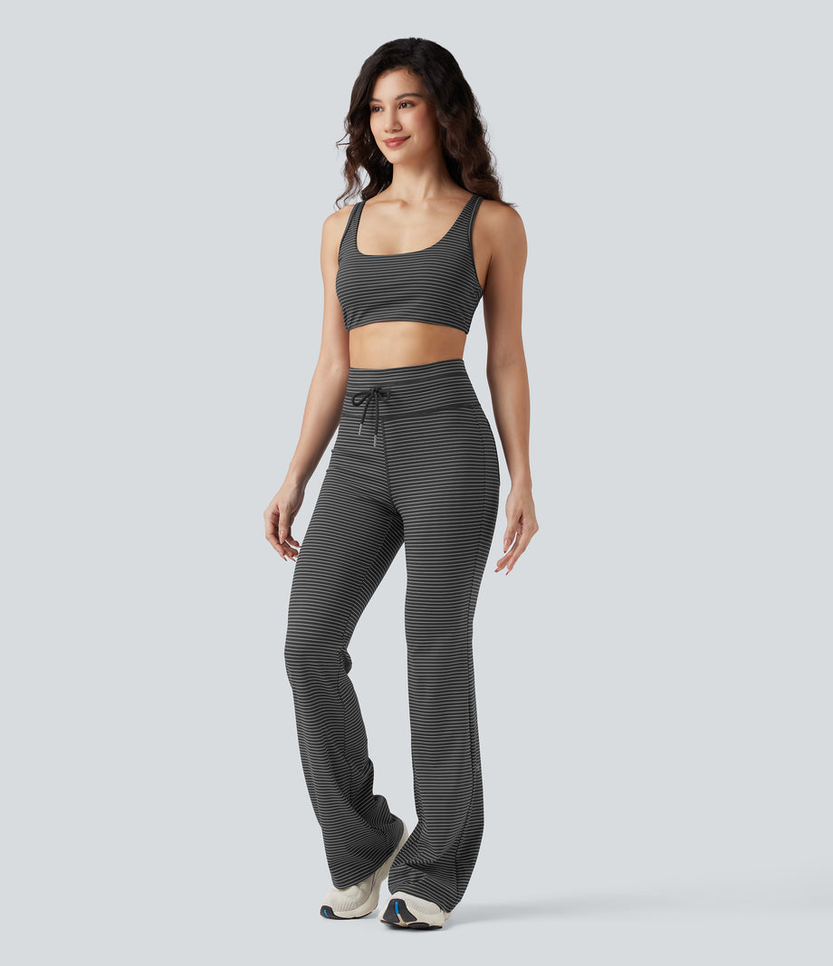 High Waisted Drawstring Stripe Flare Yoga Pants with Pockets - Iron Gray