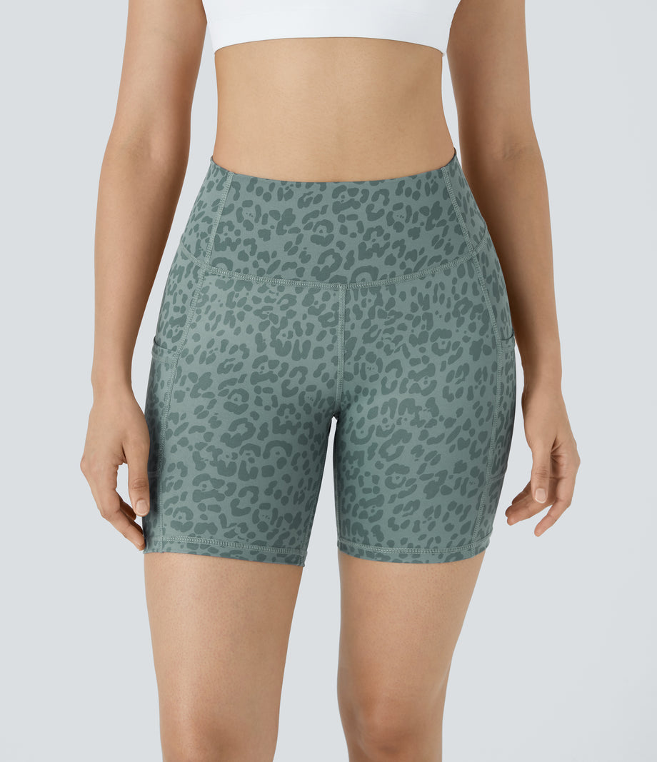 High Waisted Pocket Running Biker Shorts - Green Leopard Print