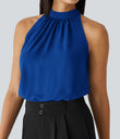 Keyhole Back Halter Sleeveless Curved Hem Work Blouse - Surf the Web