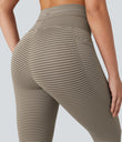 High Waisted Drawstring Striped Yoga Leggings with Pockets - Sandstone Beige