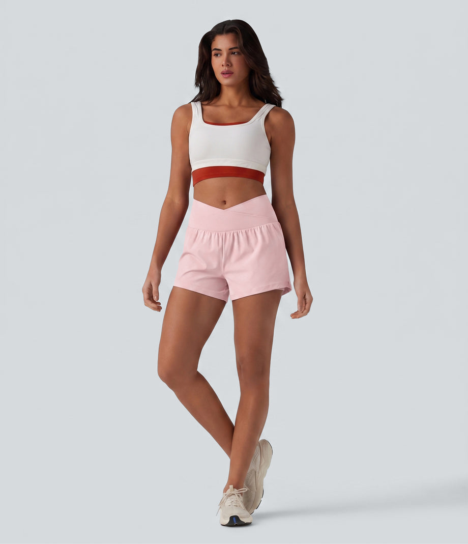 SoftlyZero™ Airy Crossover High Waisted 2-in-1 Cool Touch Yoga Shorts 3'' with Pockets - Primrose Pink