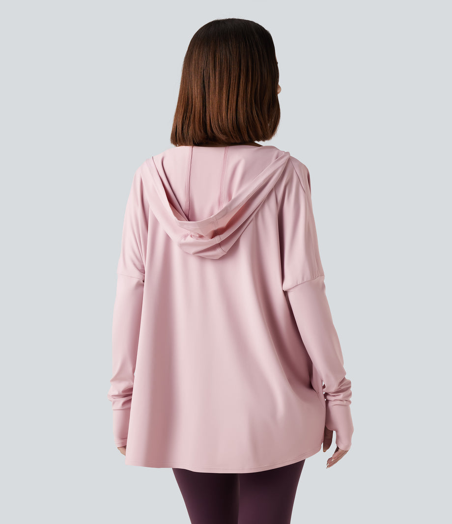 Hooded Cowl Neck Long Sleeve Thumb Hole Yoga Sports Top with Pockets - Pale Lilac
