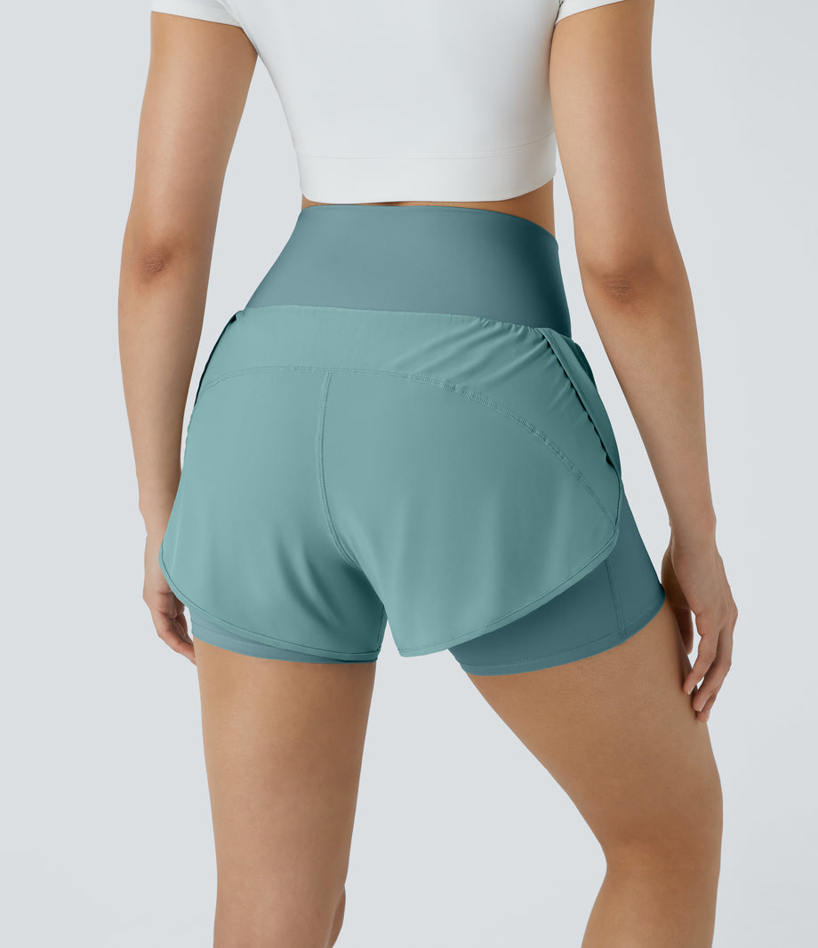 Breezeful™ Super High Waisted Curved Hem 2-in-1 Pocket Quick Dry Yoga Shorts 3.5'' - Mineral Blue