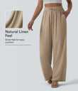 High Waisted Drawstring Wide Leg Casual Linen-Blend Pants with Pockets - Burro