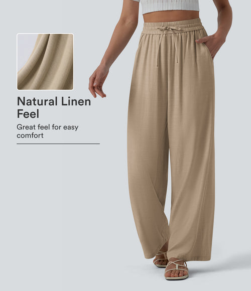 High Waisted Drawstring Wide Leg Casual Linen-Blend Pants with Pockets - Burro