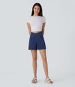 Halara Flex™ Crossover High Waisted Pockets Wide Leg A Line Washed Denim Casual Shorts - Washed Denim Navy Blue