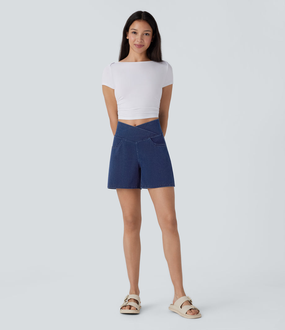 Halara Flex™ Crossover High Waisted Pockets Wide Leg A Line Washed Denim Casual Shorts - Washed Denim Navy Blue