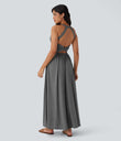 Twisted Backless Split Flowy Maxi Resort Dress with Pockets - Darl Gray Floral Yarn