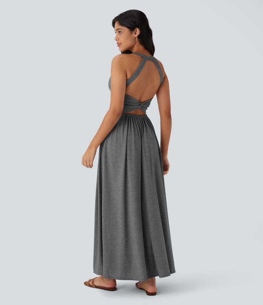 Twisted Backless Split Flowy Maxi Resort Dress with Pockets - Darl Gray Floral Yarn