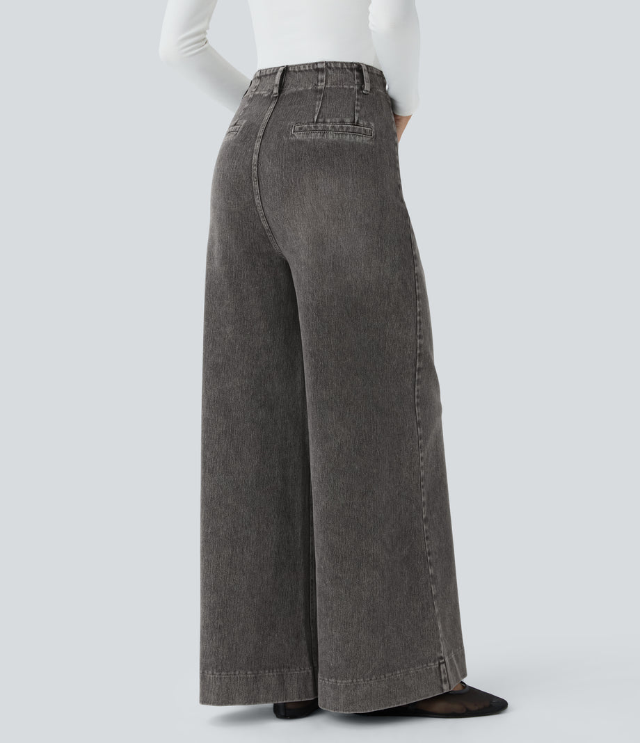 Halara Flex™ High Waisted Pockets Washed Casual Wide Leg Jeans - Grey Black Denim