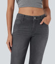Halara Flex™ Low Rise Zipper Pockets Washed Casual Bootcut Jeans - Dirty Black Denim