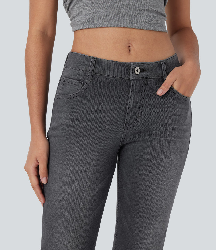 Halara Flex™ Low Rise Zipper Pockets Washed Casual Bootcut Jeans - Dirty Black Denim