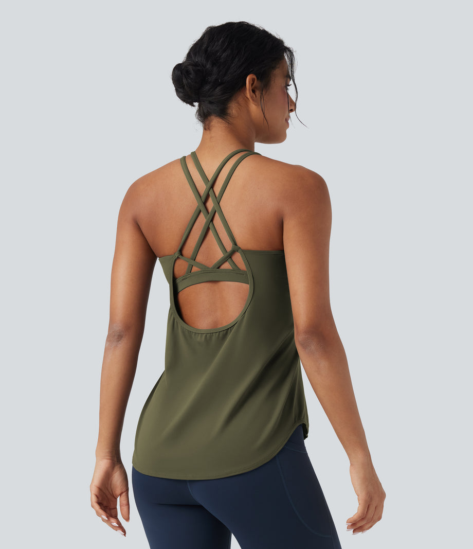 Halara UltraSculpt™ Round Neck Crisscross Back Running Tank Tops DD-F Cups - Grass Grey Green