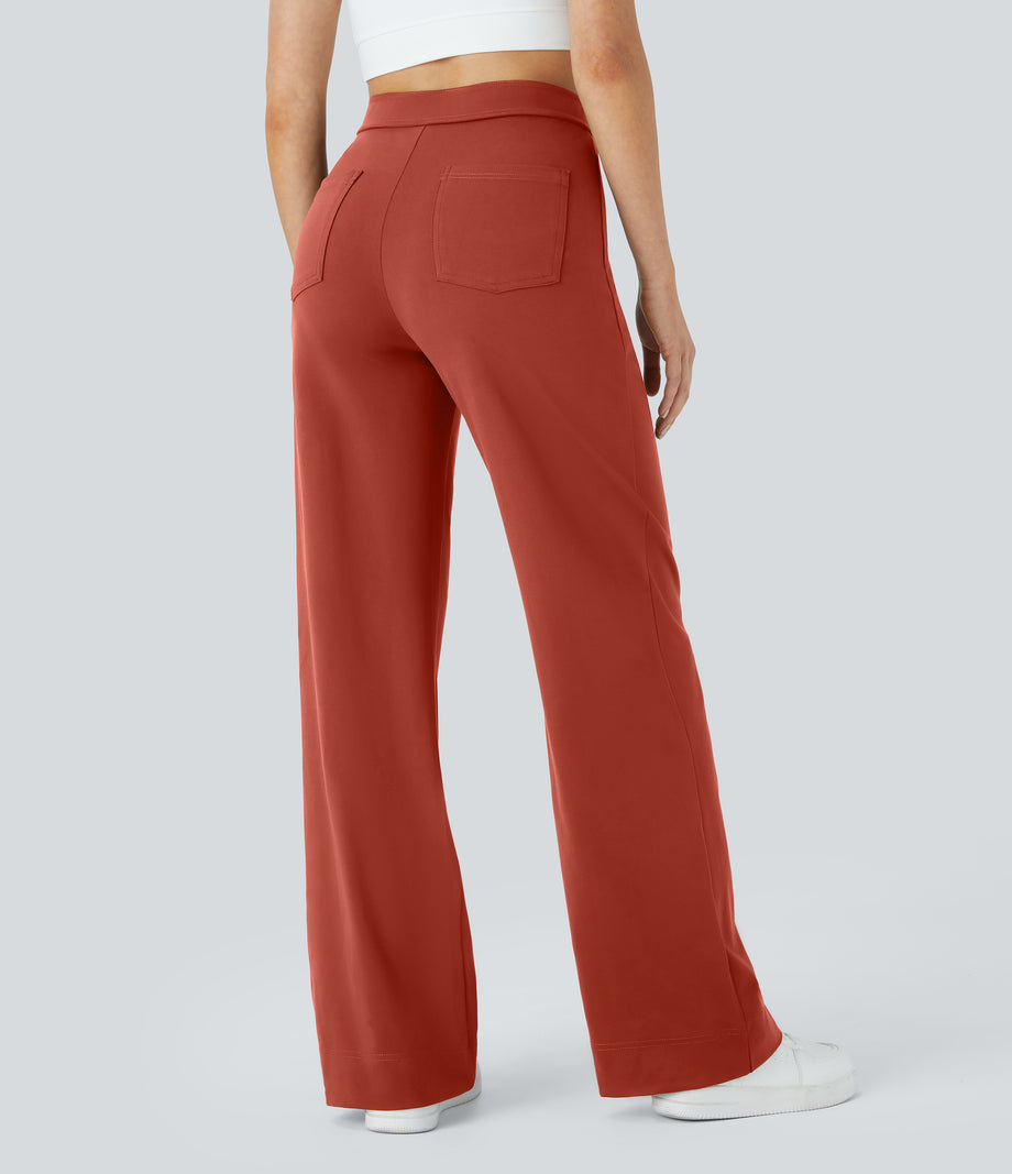 DayStretch High Waisted Pockets Straight Leg Casual Pants - Cinnabar