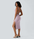 Ruched Lace Up Bodycon Midi Casual Dress - Pink Purple