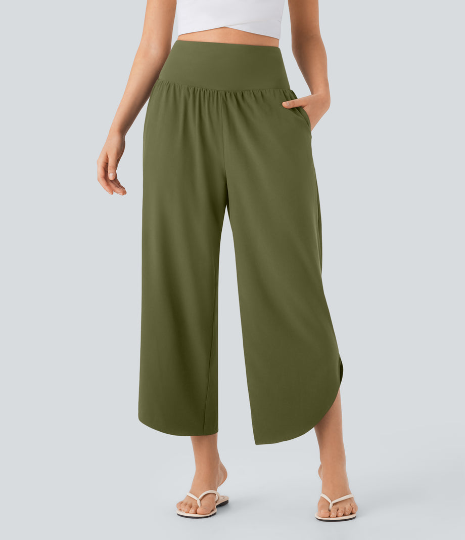 Breezeful™ High Waisted Tummy Control Split Hem Quick Dry Resort Pants with Pockets - Sphagnum