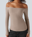 Ribbed Knit Off Shoulder Long Sleeve 2-in-1 Casual Top - Light Taupe