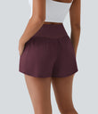 Breezeful™ High Waisted Crossover Pocket 2-in-1 Quick Dry Yoga Shorts 4" - Amaranth