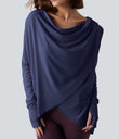 Hooded Cowl Neck Long Sleeve Thumb Hole Yoga Sports Top with Pockets - Patriot Blue