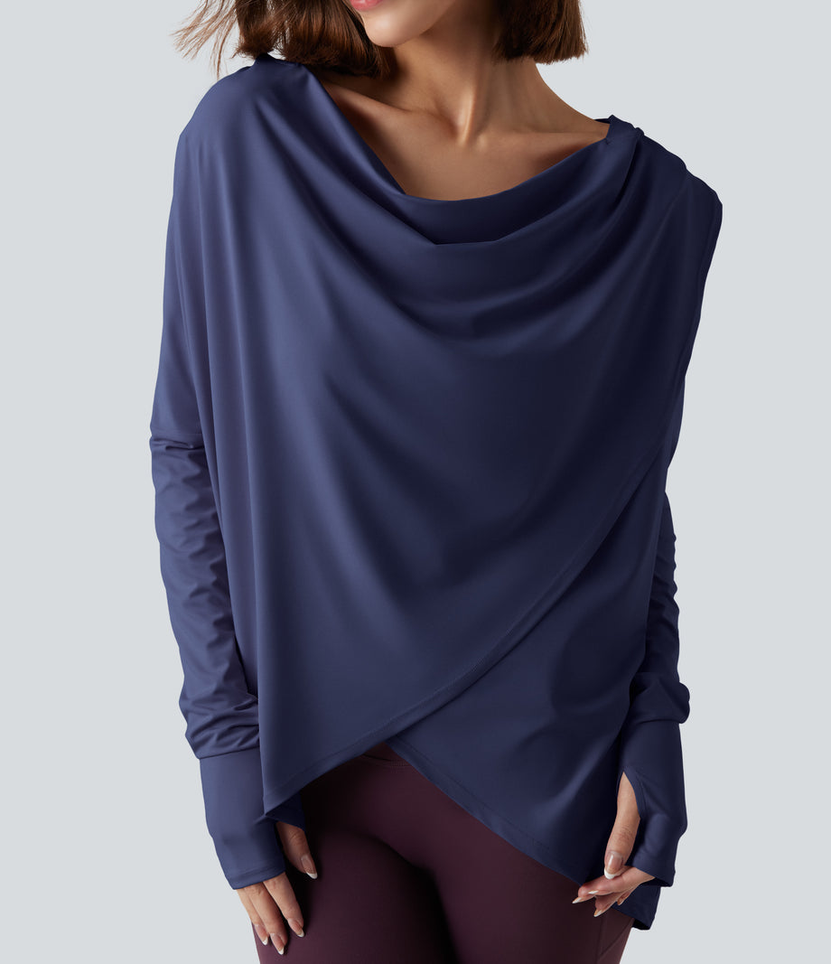 Hooded Cowl Neck Long Sleeve Thumb Hole Yoga Sports Top with Pockets - Patriot Blue