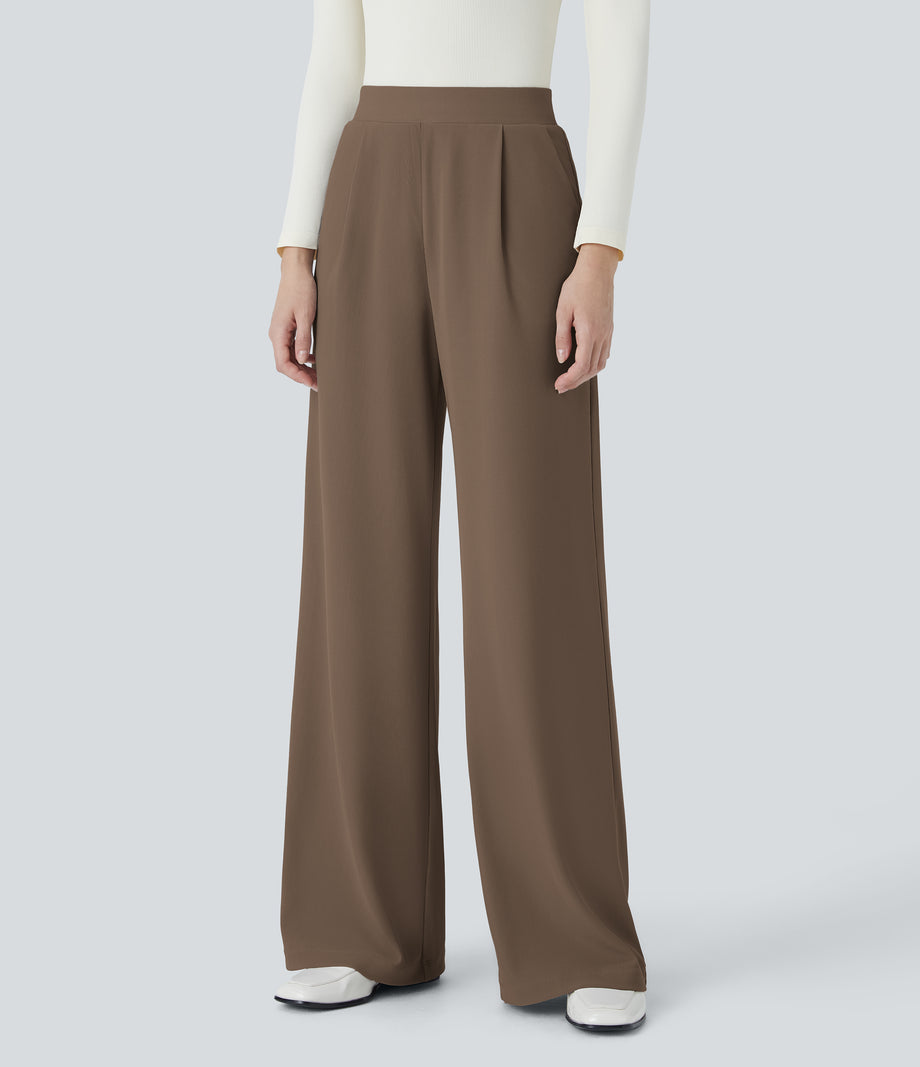 Halara Flex™ High Waisted Body Sculpt Waist-Slimming Pocket Wide Leg Micro Waffle Work Pants - Shitake