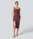 SoftlyZero™ Airy Square Neck Backless Corset Ruched Split Bodycon Midi Cool Touch Bridesmaid and Wedding Guest Dress - Fig