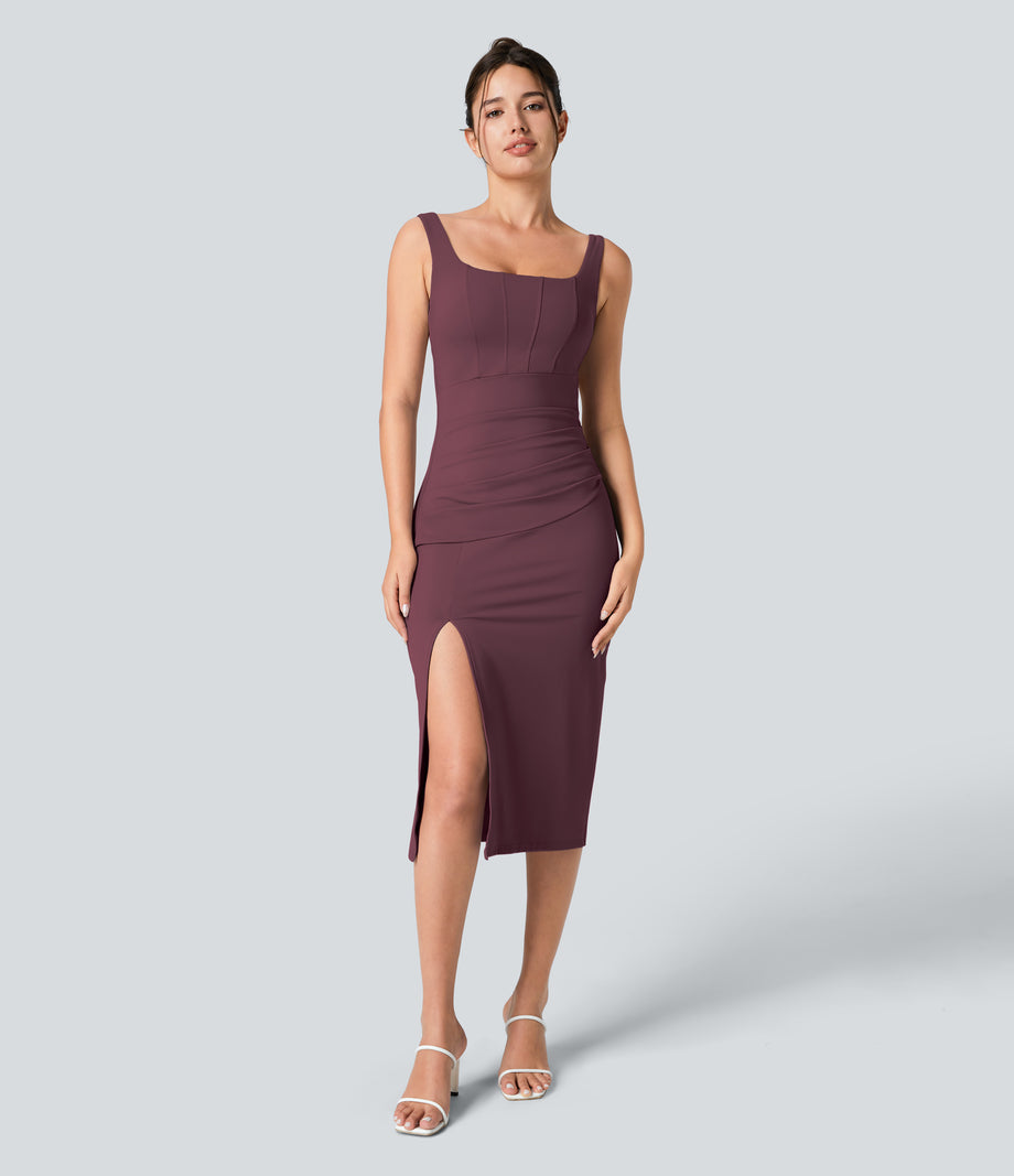 SoftlyZero™ Airy Square Neck Backless Corset Ruched Split Bodycon Midi Cool Touch Bridesmaid and Wedding Guest Dress - Fig