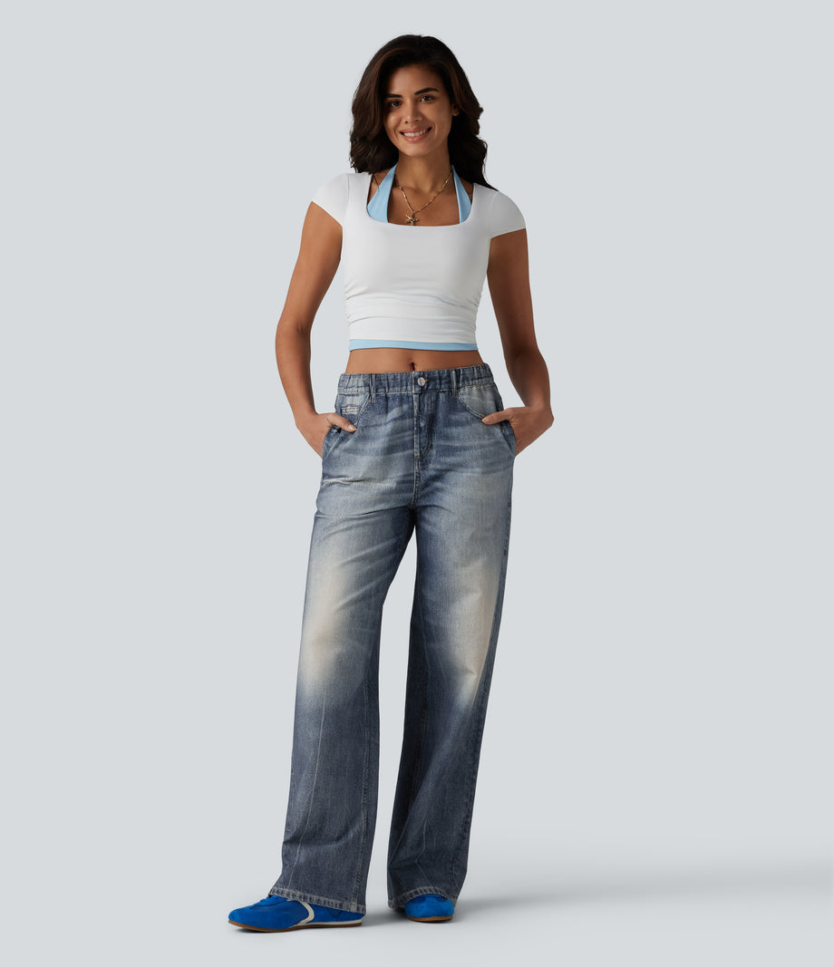 Mid Rise Denim Print French Terry Casual Sweatpants Jeans with Pockets - Washed Indigo Blue