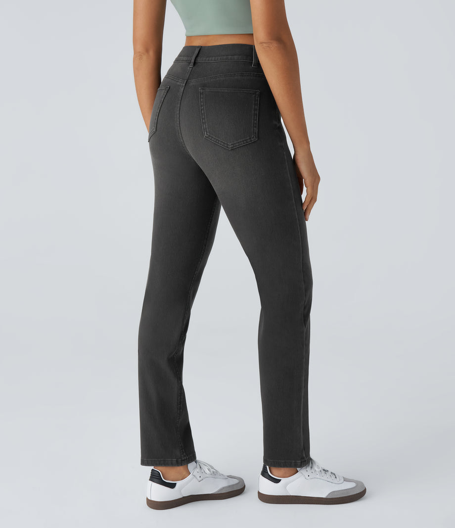 Halara Flex™ High Waisted Pockets Straight Leg Washed Casual Jeans - Deep Ink Black Denim