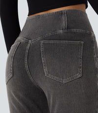 Halara Flex™ High Waisted Crossover Pocket Washed Casual Flare Jeans - Charcoal Black Denim
