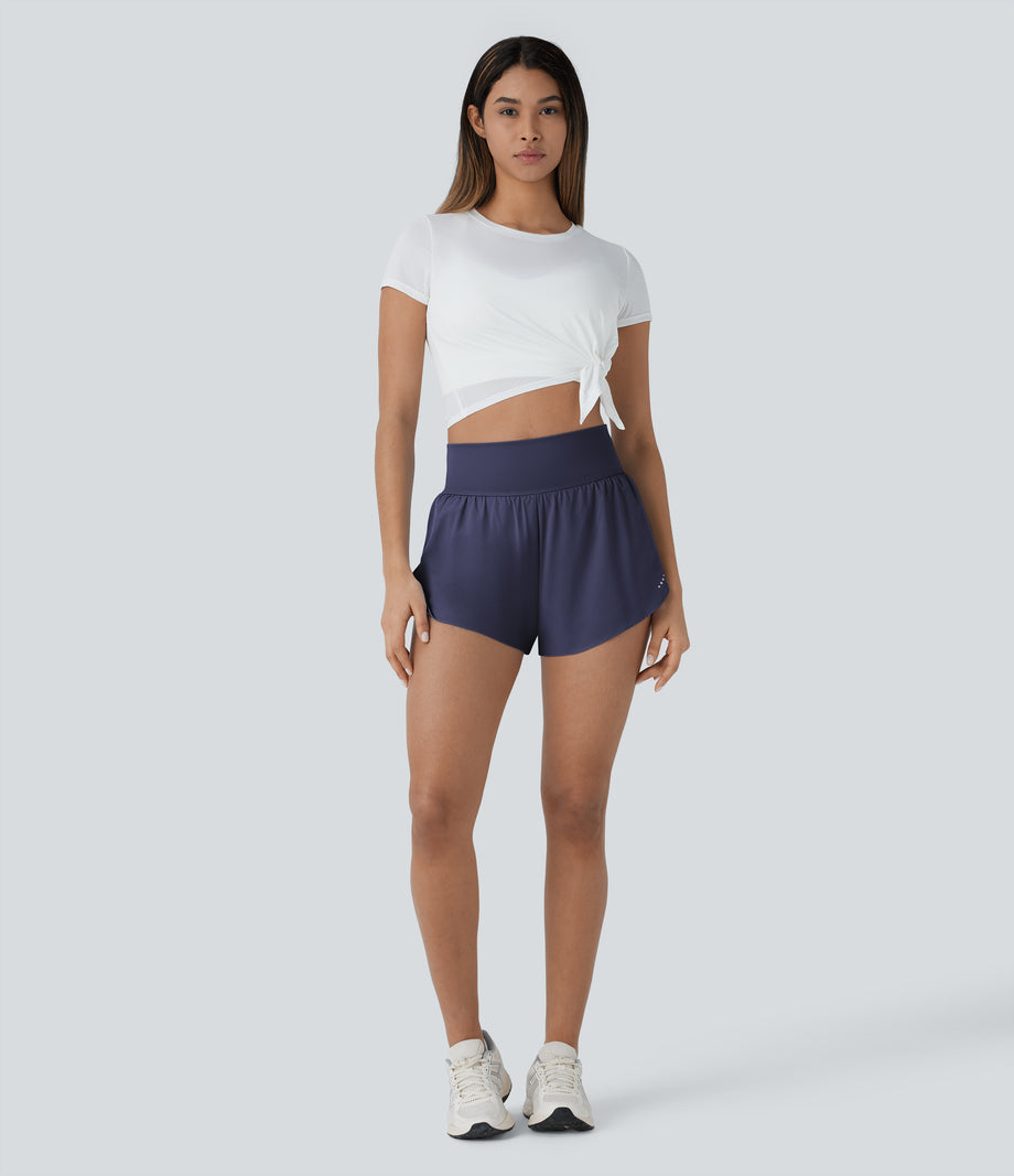 SoftlyZero™ QuickDry High Waisted Tummy Control Reflective Dots Crossover Hem 2-in-1 Running Shorts 3'' with Pockets - Dawn Purple
