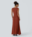 Ribbed Boat Neck Asymmetric Strap Ruched Pocket Flowy Maxi Casual Dress - Picante