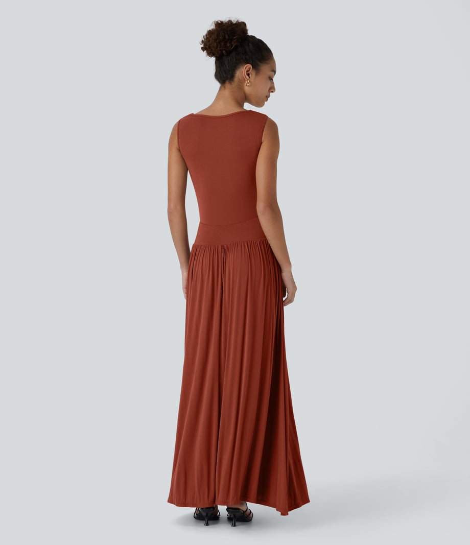 Ribbed Boat Neck Asymmetric Strap Ruched Pocket Flowy Maxi Casual Dress - Picante