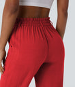 High Waisted Zipper Pocket Cropped Linen-Feel Pants - High Risk Red
