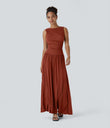 Ribbed Boat Neck Asymmetric Strap Ruched Pocket Flowy Maxi Casual Dress - Picante